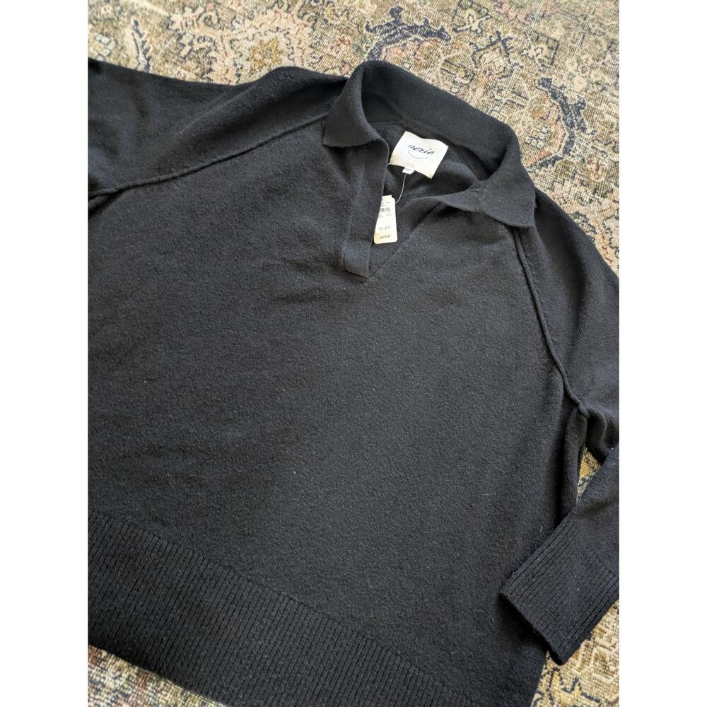 NWT Aerie unREAL Oversized Polo Sweater Black White Striped Collared Pullover - Picture 6 of 6